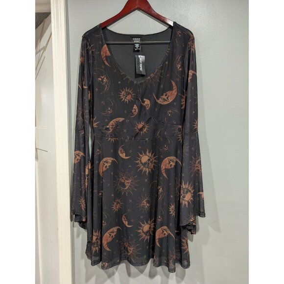 Cosmic Aura Women's Skull Celestial Mesh Bell-Sleeve Dress  Black Tan Sz 2X NWT - Picture 2 of 16